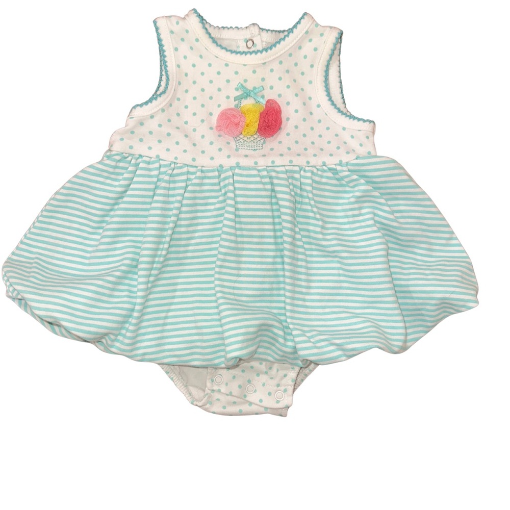 Little Me White and Aqua Dress with Polka Dots and Stripes
